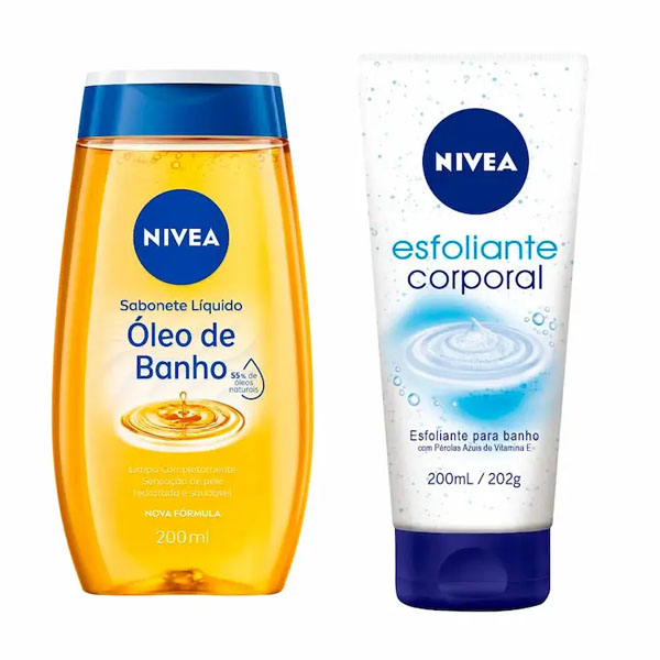 Kit Nivea Esfoliante Corporal para Banho 200ml + Sabonete Líquido Corporal Óleo de Banho 200ml