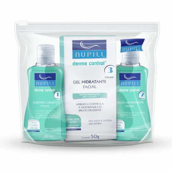 Kit Facial para Viagem Nupill Derme Control Necessaire com Sabonete Líquido + Gel Hidratante + Loção